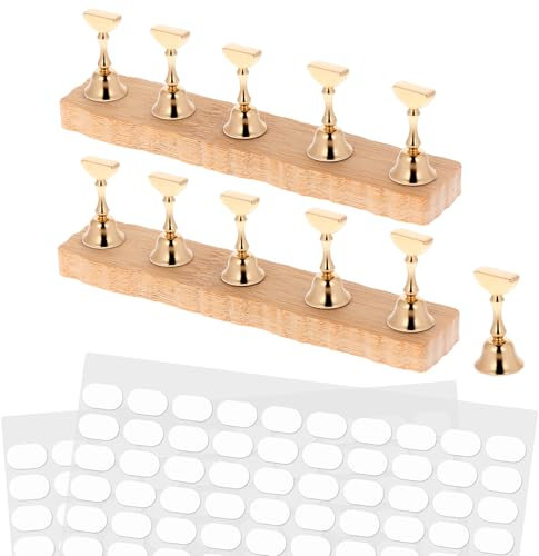 Aeaocvo 2 Set Wooden Press on Stand, Practice Nail Holder for Painting Nails, Fake Nail Holder with 200 Pieces Double-Sided Tape for Home Diy Salon Supplies