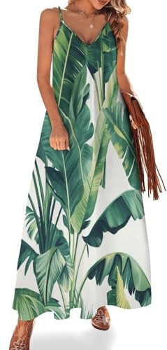 UOMSKTY Robe Longue Maxi Femme Été sans Manches,Imprimé Jungle Tropicale Feuilles Palmier Respirant Fluide Robe Bretelles Fines Plage
