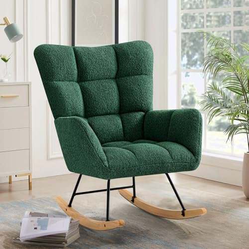 Ckaff Sedia a Dondolo, Poltrona a Dondolo Allattamento Poltrona Imbottita Relax con Braccioli Schienale Gambe in Legno per Cameretta bambini Camera da Letto Soggiorno Balcone, Verde