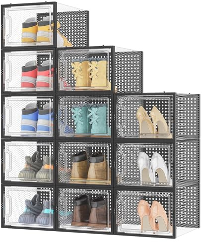 HOMIDEC Shoe Storage Box,12 pcs Stackable Shoe Boxes Clear Plastic Shoe Organizer Shoe Containers with Lids for Women/Men,Fit UK 12,Black