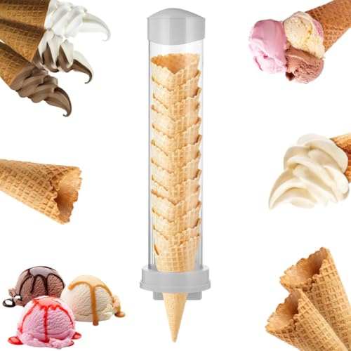 YOFAPA Universal Ice Cream Cone Dispenser, 16×3.3 Waffle Cone Holder with 2 Gaskets, Plastic Waffle Cone Storage Tube with Magnetic Plate & Adhesive Plate for Ice Cream Machine
