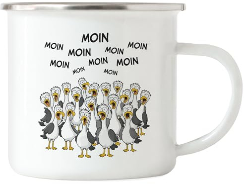 Hey!Print Moin Moin Möwen Emaille Tasse Geschenkidee Nordsee Ostsee Küste lustig maritim