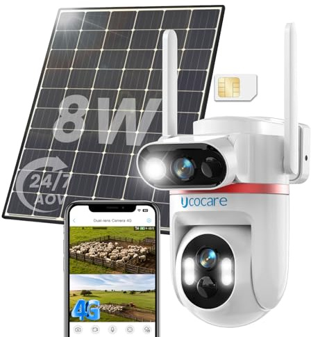 UCOCARE Telecamera Solare 4G da Esterno con SIM, Registrazione AOV 24/7 | Doppia 4MP Telecamera con SIM, Pannello Solare 8W, Batteria 15800mAh, Tracciamento AI 360°, Visione Notturna a Colori, IP66