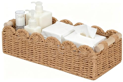 Wicker Storage Basket with Wooden Handles for Toiletries Woven Bathroom | Paper Rope Woven Storage Organizer Bins for Toilet Roll Bathroom Bedroom Kitchen Counter Shelf Decor