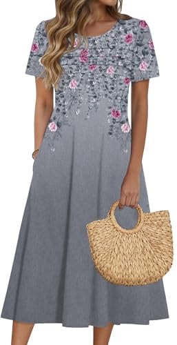 Zeagoo Mother Day's Empire Waist Dress for Women Resort Wear for Women 2026 Womens Petite Sundresses Midi Length Dresses for Womens Casual Grey XL