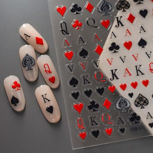 CharmeFleur 2 Blatt Poker Nagel Sticker Für Nageldesign Spielkarte Nagel Applikationen Herz Pik Kreuz Karo Aufkleber Für Nägel Designs 3D Selbstklebend Zubehör