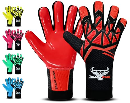 BEAST RAGE Guanti da portiere per bambini, ragazzi e adulti, guanti da portiere da calcio per ragazzi, bambini, guanti da allenamento da calcio, presa forte e palmo antiscivolo (rosso, taglia 8