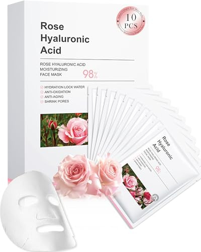Facial Mask Set, 10Pcs Moisturizing Rose Hyaluronic Acid Face Sheet Masks | Hydration Locking Water Face Skincare Masks,Facial Spa Sheet Mask,Thanksgiving Christmas Skin Care Product Kit for Women Girl