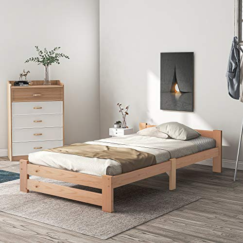kowdom Holzbett 90x200 cm, Einzelbett aus Kiefernholz mit Kopfteil & Lattenrost, Natur Holzbett, Ideal für Gäste- & Jugendzimmer