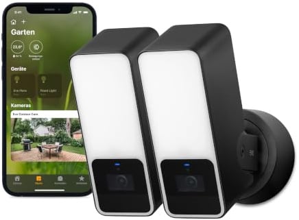 Eve Outdoor Cam (Apple Home) 2er-Pack – Smarte Außenkamera mit Flutlicht | Sicherheit & Privatsphäre (HomeKit Secure Video), Nachtsicht, Bewegungsmelder, Gegensprechanlage, WLAN (2,4/5 GHz)
