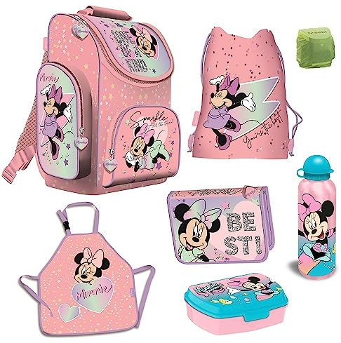 Familando Minnie Maus Schulranzen-Set 7-TLG. Federmappe Mal- / Bastelschürze und Regenschutz rosa Minni Mouse