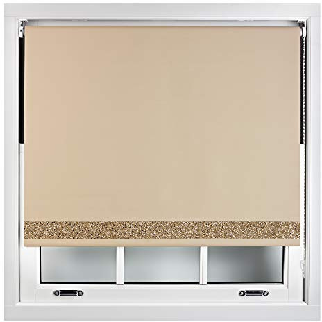 FURNISHED Blackout Roller Blinds With Glitter Edge - Trimmable Thermal UV Protection Fabric Easy Fit Sparkle Glitter Blind for Windows, Cappuccino 180W x 165H cm