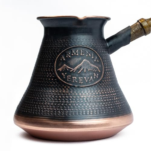 Handgefertigte armenische Kaffeekanne, 600 ml, Kupfer, Jazva Ararat, Türkisch, Arabisch, Griechisch, Cezve Jezve, Ibrik, Türka, Jazve Maker, Holzgriff, 7 Tassen