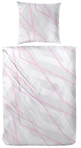 Hahn Biber Bettwäsche, warme Biberbettwäsche mit gestreifen Grau Rosa Muster, 135x200 cm + 80x80 cm, Silbergrau modern