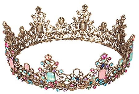 Minkissy große barocke Krone, bunte Strass Kristall Runde Krone Vintage Bronze Legierung Tiara für Hochzeitsfeier Cosplay Geburtstag