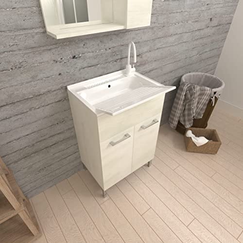 Kiamami Valentina Mueble lavadero 60cm Roble Blanco Efecto Madera con Tabla lavadero | Pratico