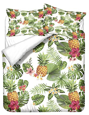 Tropische Frucht Graffiti Bettbezug-Set mit Reißverschluss, Herren Bettwäsche Set Ananas Bananenblatt Schwarz Orange Grün Bettwäsche Bettbezug aus Mikrofaser Polyester (135 x 200 cm, Grün)