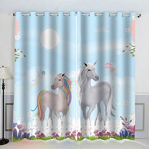 Aolity Vorhänge Ösen Gardinen Schmetterling Pferd Verdunklungsvorhänge Wohnzimmer Schlafzimmer Kinderzimmer Mädchen Jungen Karikatur Blau Vorhänge Blickdicht 140 x 160 cm (BxH)