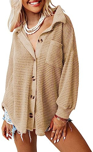 Dokotoo Spring Tops for Women 2026 Waffle Knit Shacket Long Sleeve Solid Color Button Down Shirts Boyfriend Loose Fit Batwing Sleeve Blouses for Women Khaki Small