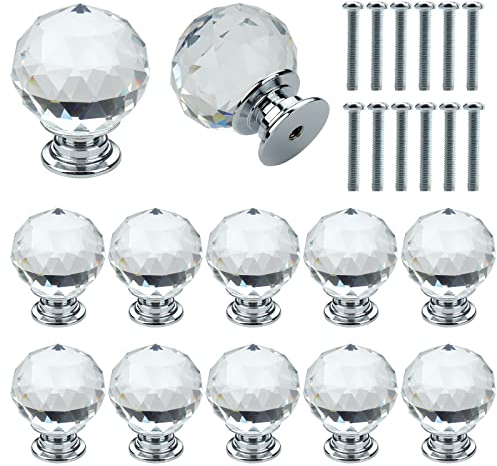 Roellgs 12 Piece 30mm Crystal Ball Glass Diamond Door Knobs with Screws, Premium Light Luxury Knobs Wardrobe Cupboard Drawer Knobs Single Hole Knobs (Clear)