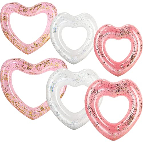 Lenwen 6 Stück Herz-Pool-Schwimmer, 109,2 cm/78,7 cm, aufblasbar, glitzernd, Herz, Junggesellinnenabschied, Requisite, Herz, Sommer, Schwimmring für Hochzeit, Verlobung, Party, Dekoration (viele