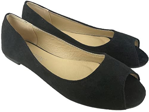 Ladies Suede Open Toe Slip On Comfort Flat Casual Ballerina Shoes Black Size UK 3-9 (Black UK 5)
