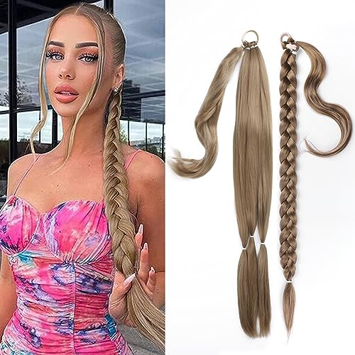 EMMOR Lange geflochtene Pferdeschwanzverlängerung mit glattem Haar,Wicklung um den Pferdeschwanz mit Haarverlängerungen,weich und gesund,für Frauen und Mädchen im täglichen Gebrauch.( Aschblond)