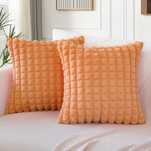 Soleebee 2er Set Plüsch Samt Kissenbezüge, Weiche Künstliche Pelz Plaid Textur Kissenbezug Sofa Zierkissenbezüge Dekokissen Kissenhülle Set für Couch Schlafzimmer Zuhause Dekor (60x60cm, Orange)