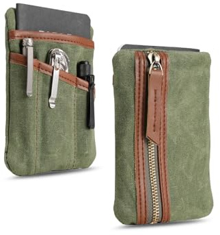 Sayram SP4 EDC Pouch, Waxed Canvas Compact EDC Pocket Organizer, Zippered Pocket Pouch for Men, Mini EDC Organizer for Change, Notebook, Tactical Pen, Flashlight (Oil Wax Green)