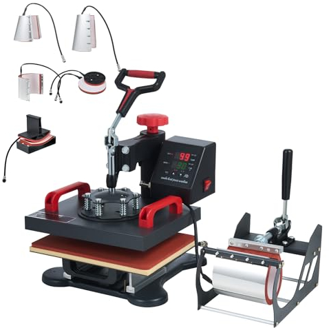 CREWORKS Transferpresse 30x25cm Heißpressmaschine 8-IN-1 Wärmepressmaschine Hitzepresse 360 Grad Schwenkbar Tassenpresse und Kappenpresse, Tassen-, Hut-, Kappen- und T-Shirt-Druckmaschine für zu Hause