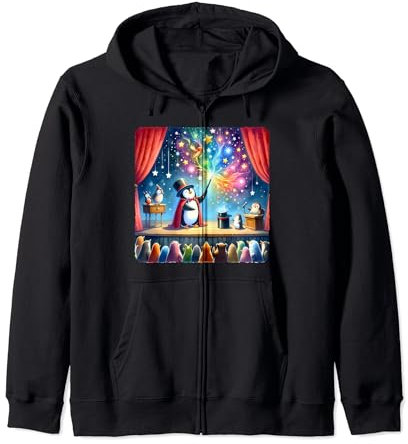 Pingouin Magicien Performing. Baguette magique étoiles rideau foule Sweat à Capuche