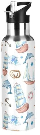 Sevdomey Boat and Seagulls Water Bottle with Straw Lid 20 oz,Stainless Steel Vacuum Insulated Water Bottle for Sports Cycling Hiking Gym School Home