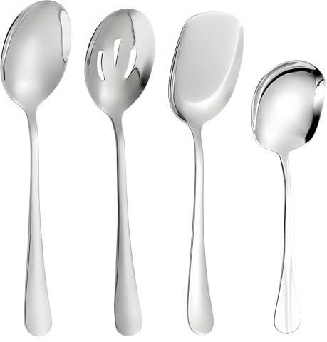 4 Pcs Stainless Steel Serving Spoons, Large Buffet Serving Spoon with Long Handle Soup Spoons, Silver Cooking Spoon Kitchen Tool for Kitchen Restaurant Banquet