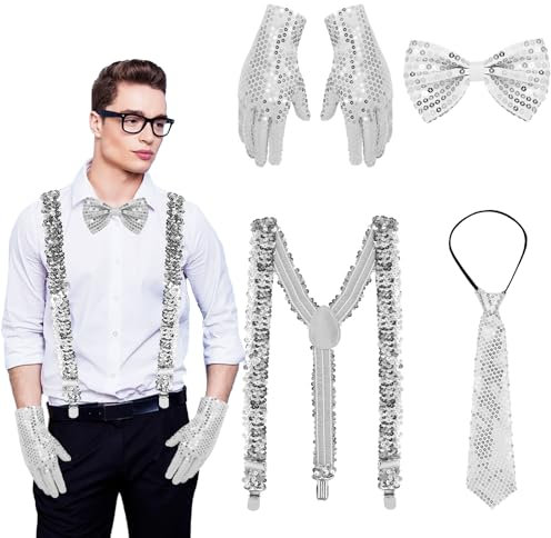 4 Stück Glitzer Kostüm Accessoires Herren, Silvester Kostüm Zubehör Pailletten Outfit Herren, mit Hosenträger, Fliege, krawatte, Handschuhe, für Neujahr Karneval Hip-Hop Dance Mottoparty (Silber)
