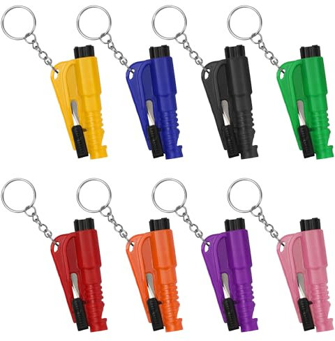 NINEMAX 8Pcs Mini Marteau Brise Vitre Voiture Porte Clé,3 En 1 Casse Vitre Voiture Et Coupe Ceinture Brise Glace Multifonctionnel avec Sifflet