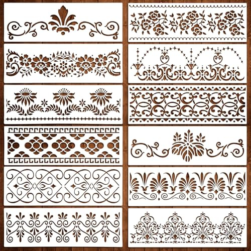 MWOOT Large Border Stencil Set - 12 Reusable Floral Templates for Wood, Canvas, Furniture, Cake, and Tile Decoration (30.5x10 cm)