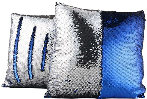 Jungengel 4er Set Pailletten Kissenbezüge 40x40 cm – Bi-Color Glitzerkissen – Dekokissen für Sofa & Bett (Silber & Blau)