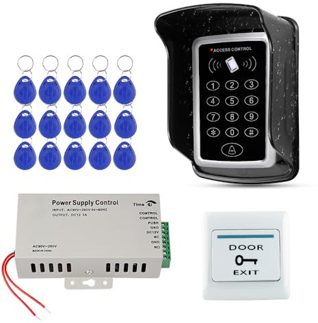 FUSYTULY Kit di Sistema di Controllo dell'accesso Della Porta Impermeabile Tastiera RFID Lettore 125KHz + Alimentatore DC12V 3A + Tastiere EM 15pcs, Senza Serrature Elettriche