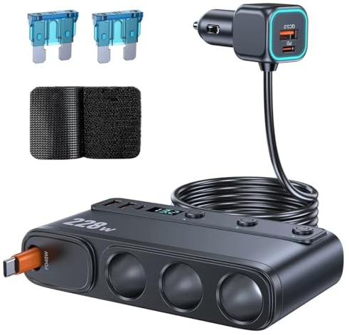 Novpow 228W Car Charger Splitter, 9-in-1 Cigarette Lighter Adapter with 3 Sockets & PD45W USB-C Fast Charging, Retractable Cable + 1M Extension, Voltage Display for 12V/24V Cars, Vans & Trucks