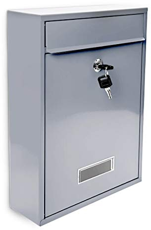 Relaxdays Mailbox/Letterbox made of Metal, Hinged Lid with a Name Plate + 2 Keys, HxWxD: 26.5 x 35 x 8.5 cm, Silver, Steel