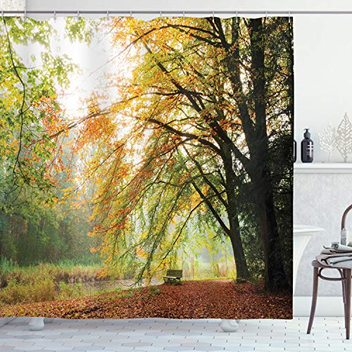 ABAKUHAUS Fallen Duschvorhang, Herbst-Wald Friedensansicht, Stoffliches Gewebe Badezimmerdekorationsset mit Haken, 175 x 200 cm, Orange Grün