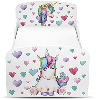 Leomark Funktionsbett aus Holz - Einhorn - Kinderbett mit Matratze für Kinder, Holzbett mit Seitenschutz Lattenrost, Komplett Set für Kinderzimmer, Liegefläche 70/140 cm, UV-Druck