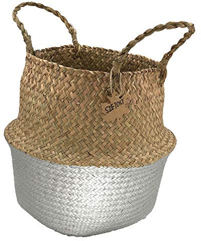 SZETOSY Seagrass Belly Basket - GOODCHANCEUK Natural Seagrass Basket With Handles Foldable Woven Basket for Gardening, Flower Stands, Flower Pot, Storage Baskets (Silver, 36x32cm)