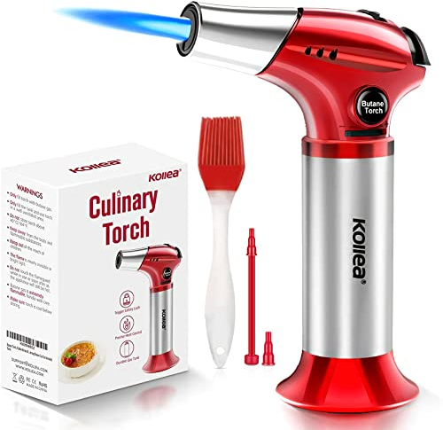 Kollea Chalumeau de Cuisine, Professionnel Torche à Butane Rechargeable avec Verrouillage de Sécurité et Flamme Réglable,Torche Culinaire pour Desserts, Barbecue, Soudure (Butane Non Incluse)