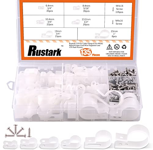 Rustark 135 Stück 6 Größen Weiß Nylon R-Typ Kabelschellen Nylon Kabelhalter R Clips Schraubbefestigung Kabelklemmen kommt mit 135 Stück 304 Edelstahl Schrauben für Drahtmanagement