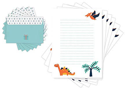 Friendly Fox Dino Briefpapier Kinder mit Umschlägen, 20 Bögen Schreibpapier DIN A4 liniert inkl. 20 Umschläge