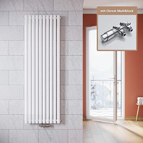 ELEGANT Vertikal Heizkörper Modern Paneelheizkörper mit Multiblock Thermostat 1800x590 mm Weiß Flach Doppellagig Mittelanschluss Heizung