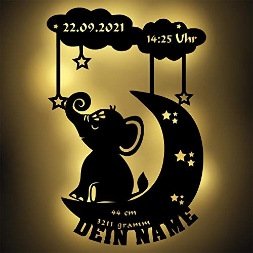 Personalisierbares Nachtlicht Elefant auf einem Mond umgeben von Wolken aus Holz | Kinderzimmer Lampe mit Name | Warmweiß oder RGB LED mit Fernbedienung | Deko für Babyzimmer & Geschenk Geburt