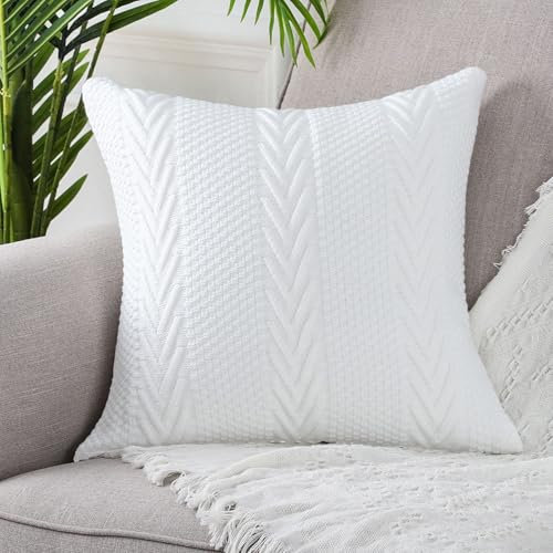 Mandioo Cotton Knitted Decorative Square White Cushion Covers 45cm x 45cm 18x18 Inch Soft Cozy Outdoor Throw Pillow Cases Luxury Modern Pillowcases for Couch Sofa Bed Livingroom