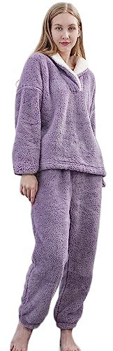 Pigiama da donna in pile corallo flanella pigiami morbidi Set pigiama caldo Loungewear 2 pezzi Pjs Set.., Viola, Large